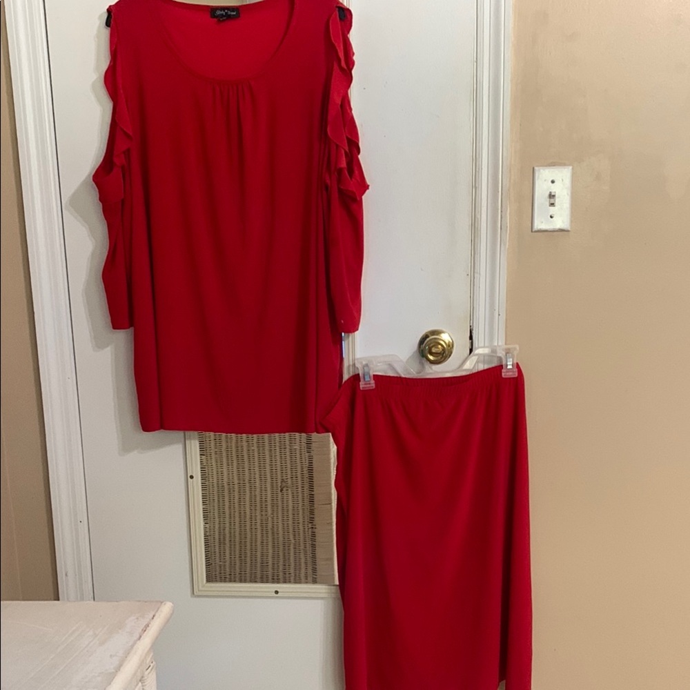Slinky Brand Red Cold Shoulder Dress- separates - tunic top and skirt.